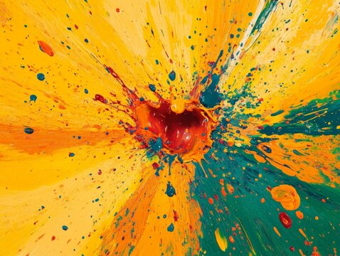 A dynamic artwork with vibrant splashes of paint in various colors on a canvas.