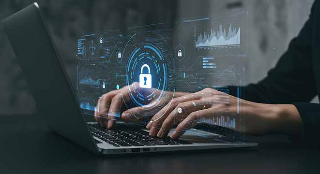 Person Typing on Laptop with Digital Security Overlay Blue Lock Icon - Powered by Adobe