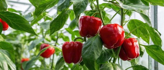 The vibrant red peppers growing abundantly in a greenhouse environment.
