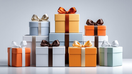 Colorful gift boxes stacked elegantly with various ribbons and bows, showcasing a festive atmosphere perfect for celebrations, birthdays, and special occasions with vibrant hues