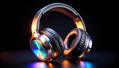 Sleek iridescent headphones with a glossy metallic finish, set against dark backdrop