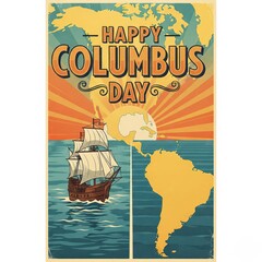 poster with sign for happy columbus day celebration on an illustration