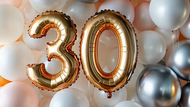 Festive celebration with gold 30 balloon amidst white and silver balloons