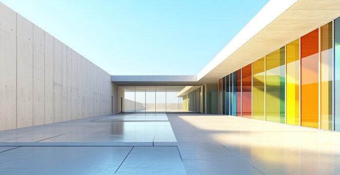 Modern architectural facade with colorful glass panels