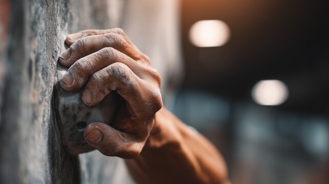 Close up of climber hand gripping climbing hold on artificial climbing wall - Powered by Adobe
