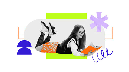 Young girl in plaid skirt and glasses lying on floor reading book, surrounded by colorful collage...