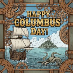poster with sign for happy columbus day celebration on an illustration