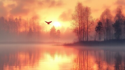 A majestic eagle soars above a serene lake at sunrise, bathed in warm hues.  Misty morning light envelops the forest shoreline