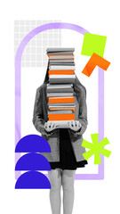 Young girl balancing huge pile of books, hiding her face, placed in dynamic colorful graphic...