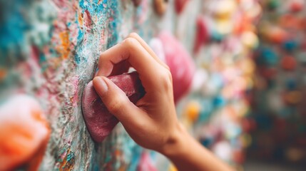 Close up of a climber hand gripping a hold on a colorful climbing wall