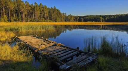 Tranquil lake scene with weathered dock