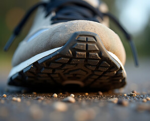 Close-up of a worn sports shoe tread with dirt packed into pavement lines. AI-generated