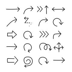 Hand-drawn arrow set with curved, straight, spiral and loop arrows, simple black linear direction icons, navigation sketch doodle vector illustration