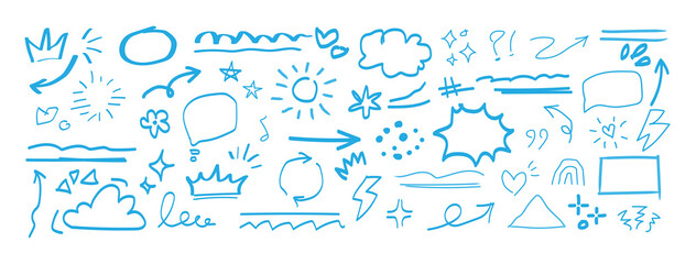 Line marker hand drawn brush arrow element set. Hand drawn line heart sketch marker underline shape, arrow, crown, star scribble brush pen stroke element.
