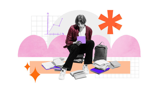 Student in casual wear sits among open books, concentrating on his tablet in a playful paper collage scene. Concept of social media visuals for academic content - Powered by Adobe