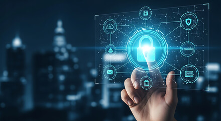 Hand Interacting with Blue Cyber Security Interface City Background