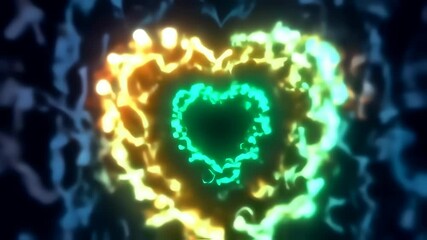 Zoom on infinite fractal heart pattern glowing in dark - Powered by Adobe