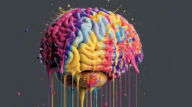 Abstract Human Brain Exploding in Vibrant Paint .Vivid transformation of cosmic brain evolving through explosive galactic colors.