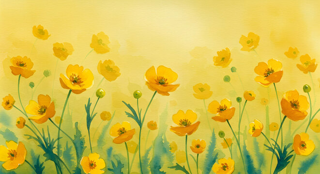 Watercolor painting of yellow wildflowers in a field sunny spring floral background