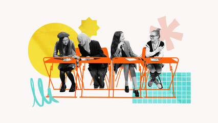Four diverse teenage girls interact joyfully in class, sharing notes and ideas in a modern,...