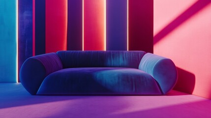 Contemporary couch with colorful neon lights and geometric shapes.