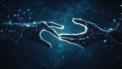 Two hands reaching, connected by digital network
