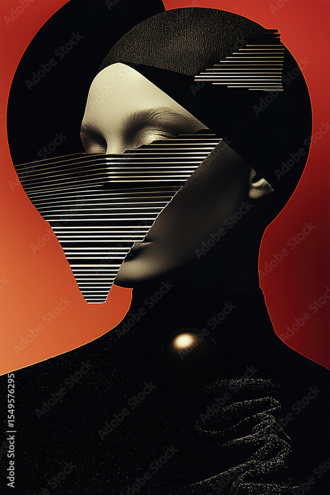 Poster this artistic image features stylized figure with geometric shapes and bold red color palette, creat