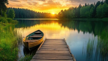 Fototapeta premium Golden sunset over lake, small boat on dock