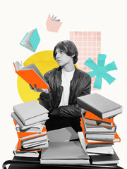 A teenage boy sits surrounded by stacks of books, intensely focused on one, symbolizing curiosity...