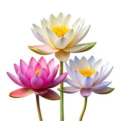 Trio of Water Lilies Pink White and Lavender Blooms isolated on transparent baackground