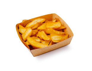 Crispy potato wedges served in a cardboard container at a casual dining setting