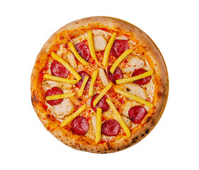 Unique pizza topped with pepperoni and fries served on a wooden table