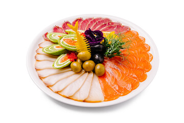 Vibrant sashimi platter with salmon, tuna, and elegant garnishes