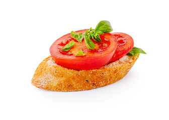 Delicious bruschetta with fresh tomato and basil on toasted bread slice