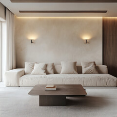 minimalist living room featuring light colored sofa with multiple cushions, wooden coffee table, and soft lighting. design emphasizes simplicity and comfort