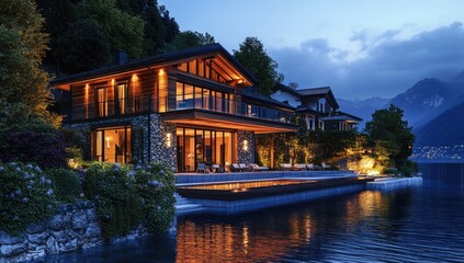 Fototapeta premium Luxurious lakefront home at twilight