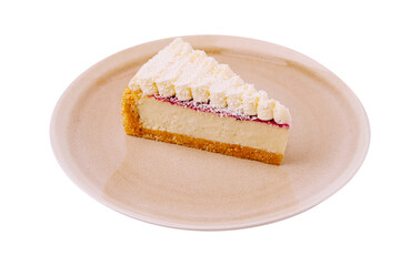 Delicious slice of creamy cheesecake with whipped cream on a simple plate