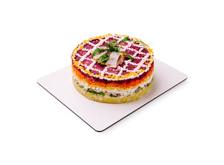 Colorful layered salad showcases vibrant ingredients in culinary delight