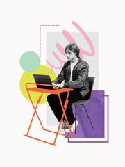 Boy works on laptop at modern desk with layered digital collage background. Clean layout for...