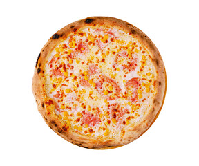 Freshly baked pizza topped with cheese and pepperoni on a wooden table