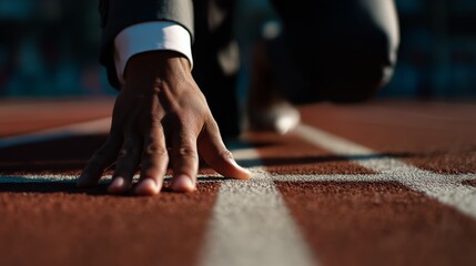 Businessman ready to start running on track field