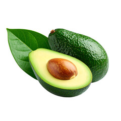A ripe avocado with one half showing the seed and the other whole, accompanied by a green leaf.