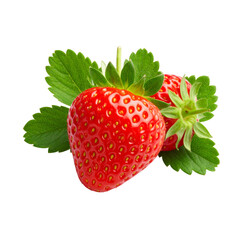 Two ripe strawberries with green leaves, showcasing their bright red color and detailed seeds.