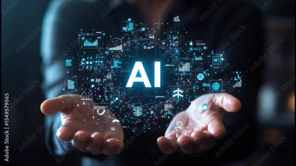 Aufkleber man holds glowing ai symbol with digital icons. concept of artificial intelligence future.