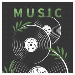 Musical poster with vinyl record. Design banner for music events, invitation, cover album, advertising. Vector illustration