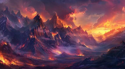 Fiery Fantasy Mountain Landscape with Glowing Peaks and Dramatic Sky