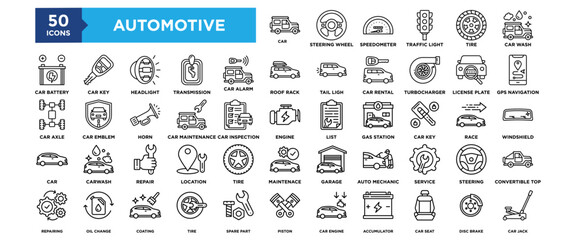 50 Automotive  icon set. Containing design Car
Steering Wheel
Speedometer, Traffic Light, Tire, Car Wash