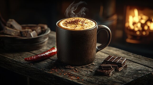 A mug of steaming, spiced hot chocolate, with dark chocolate pieces and a chili pepper, in front of a fireplace