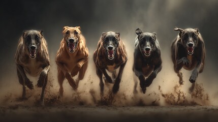 Five Greyhounds Running At Full Speed on a Track