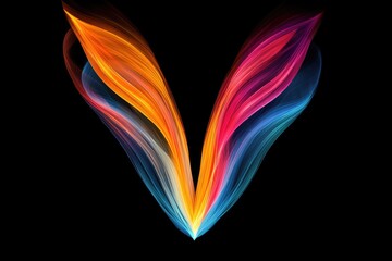 Abstract vibrant V-shaped design with flowing, colorful lines on a black background
